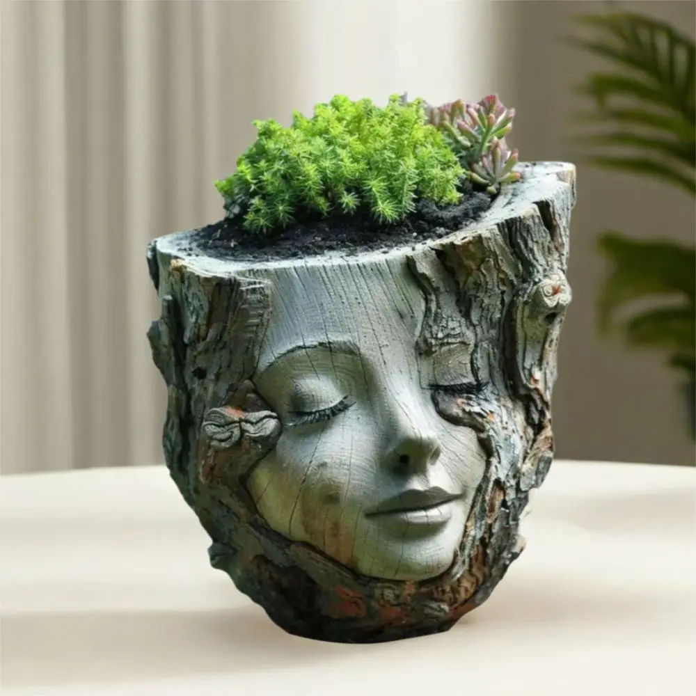 Creative Funny Girl Face Flowerpot Handmade Waterproof Tree Stump Girl Pot Resin Crafts Figure Planter Living Room Decoration