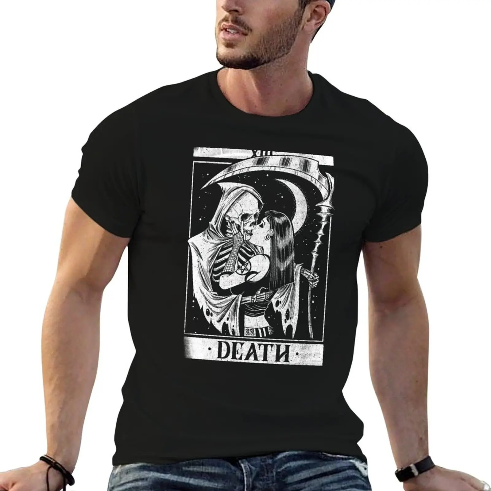 Blackcraft Vintage Death the Grim Reaper Kiss Tarot Card T-Shirt cotton graphic tees graphics mens t shirts casual stylish