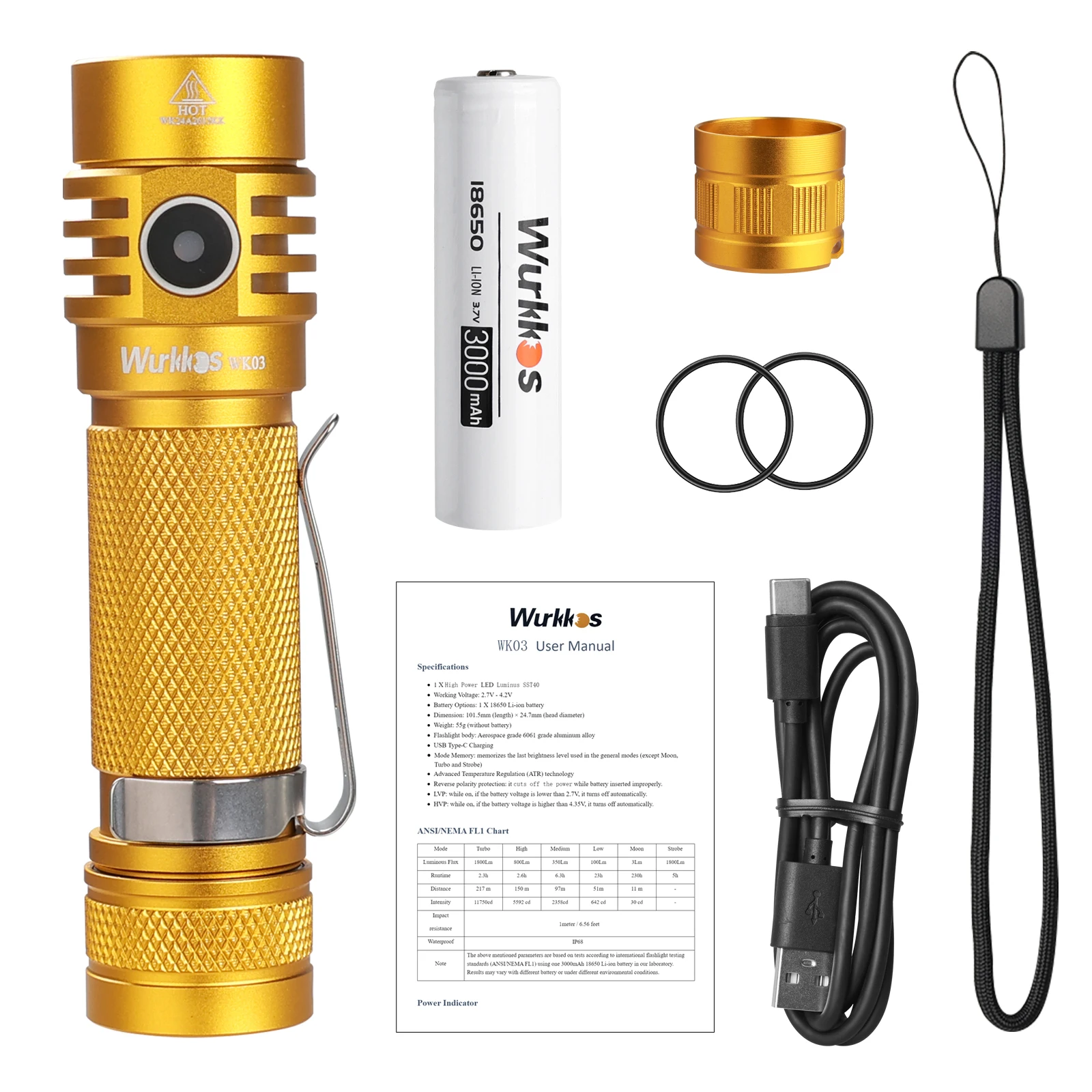 Wurkkos -TLF Golden WK03 18650 Flashlight Nichia 519A 5000K 1200LM USB C Rechargeable IP68 Waterproof Torch for Hiking Camping