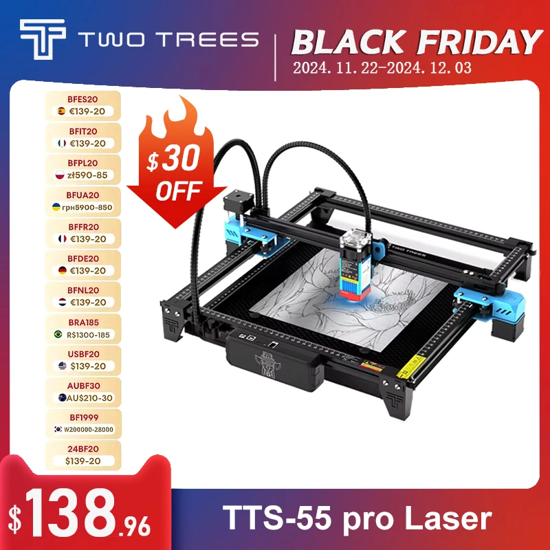 TWO TREES TTS 5.5W Easy Assemble APP Connect 30000mm/min Speed Aluminum Alloy Body Hot Sale tts-55 pro laser engraving machine