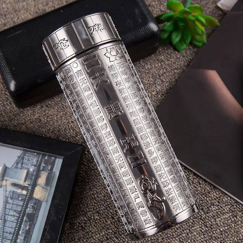 360ml High-end Business Thermal Water Bottle with Silver-plated Inner Liner And Buddhist Characters,Chinese retro THERMOS Cup c