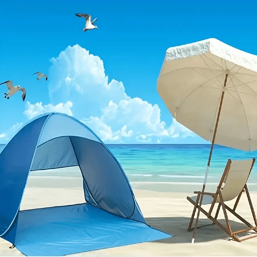 Instant Pop Up Beach Tent Blue Polyester Shade Shelter For Adults