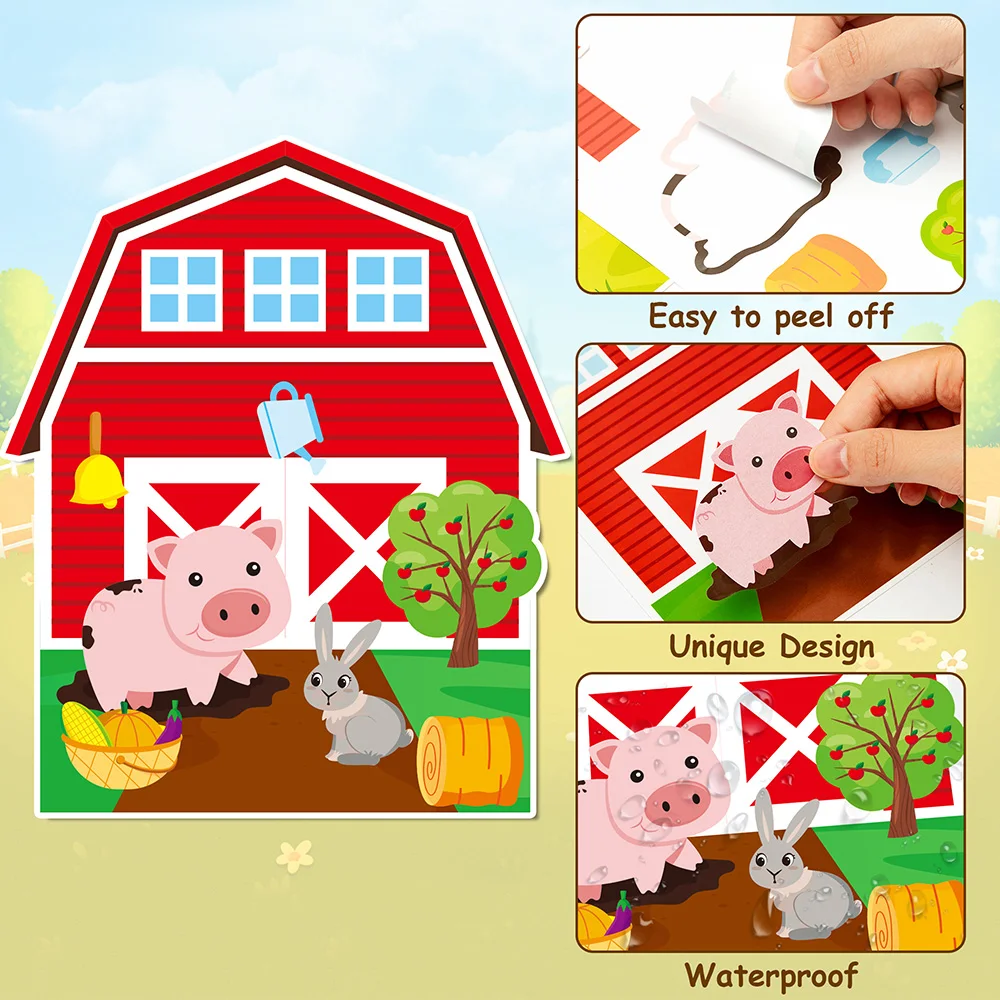 12Pcs DIY Farm Animal Scene Sticker Set Kids Favor Pig Bunny Horse Sheep Decal for Children Storytelling Handmade Activity Toys