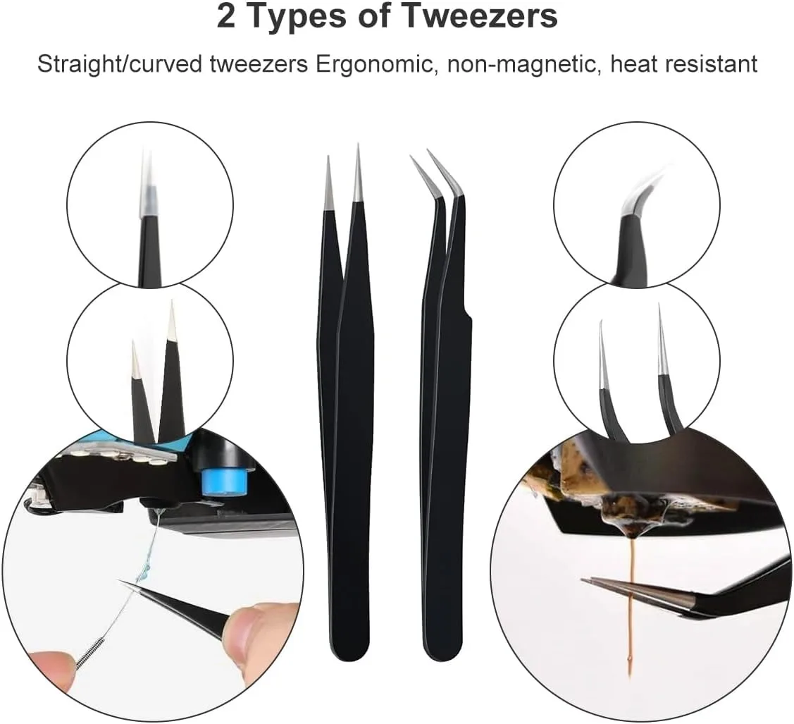 1/2PCS Anti-Static Stainless Steel Tweezers Set, Straight Curved Tip Precision Tools for 3D Printer Maintenance DIY Electronics