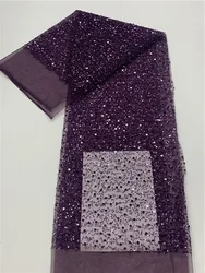 African Sequins Lace Fabric 2023 Purple High Quality Handmade Beaded Nigerian French Tulle Lace Material For Wedding Dress