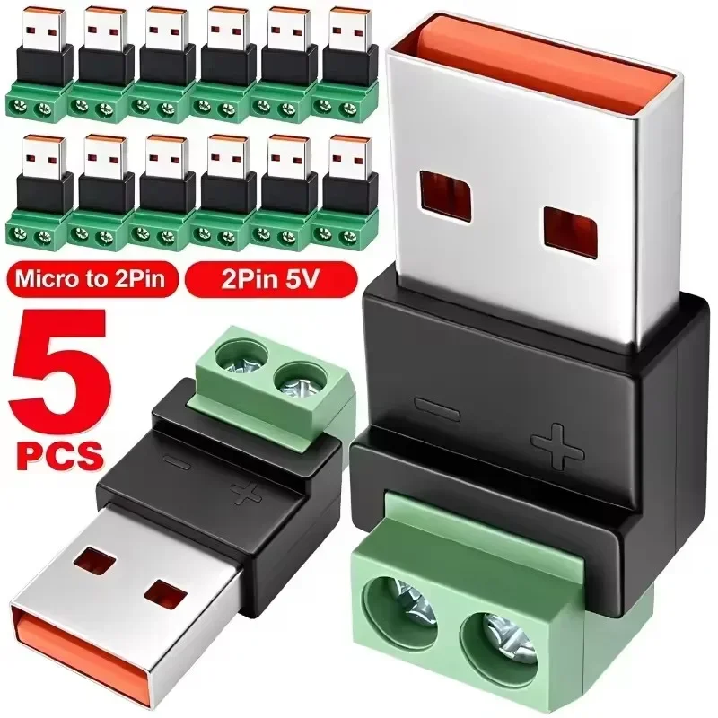 1-10Pcs USB Type A Male To 2Pin Screw Terminal Solderless Connectors 5A Power Adapter Block for DIY Phone Charging Cable Repair