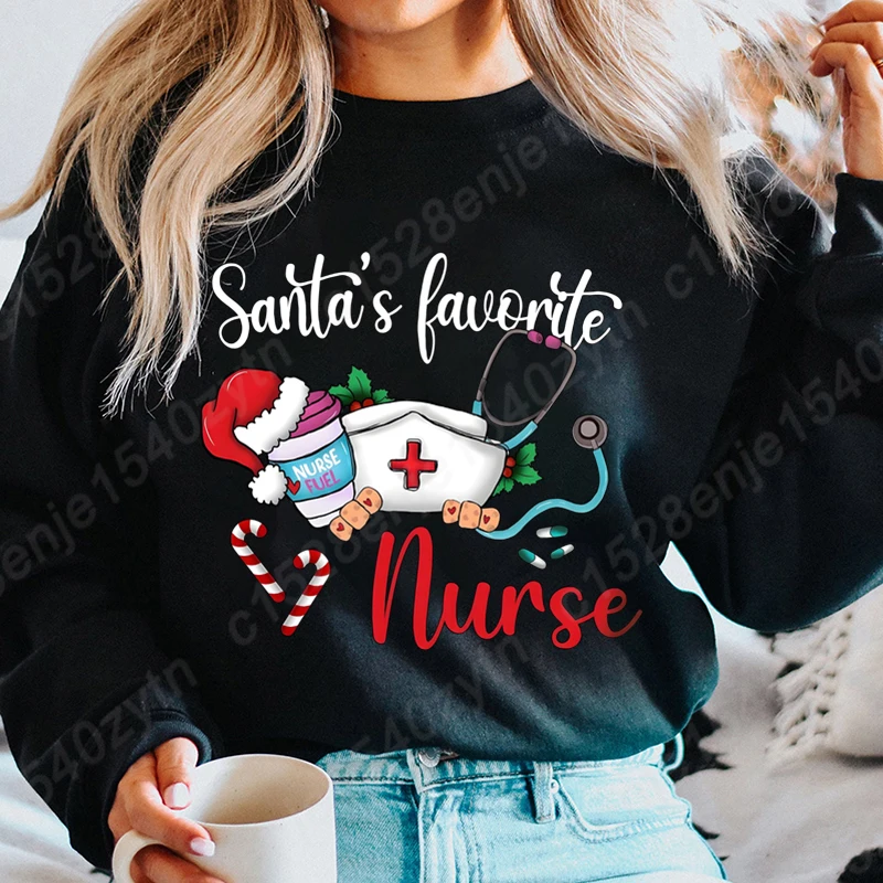 

Christmas Nurse Print Long Sleeve Crew Neck Sweatshirts for Women, Merry Christmas Sweatshirt, Autumn & Winter Casual Tops