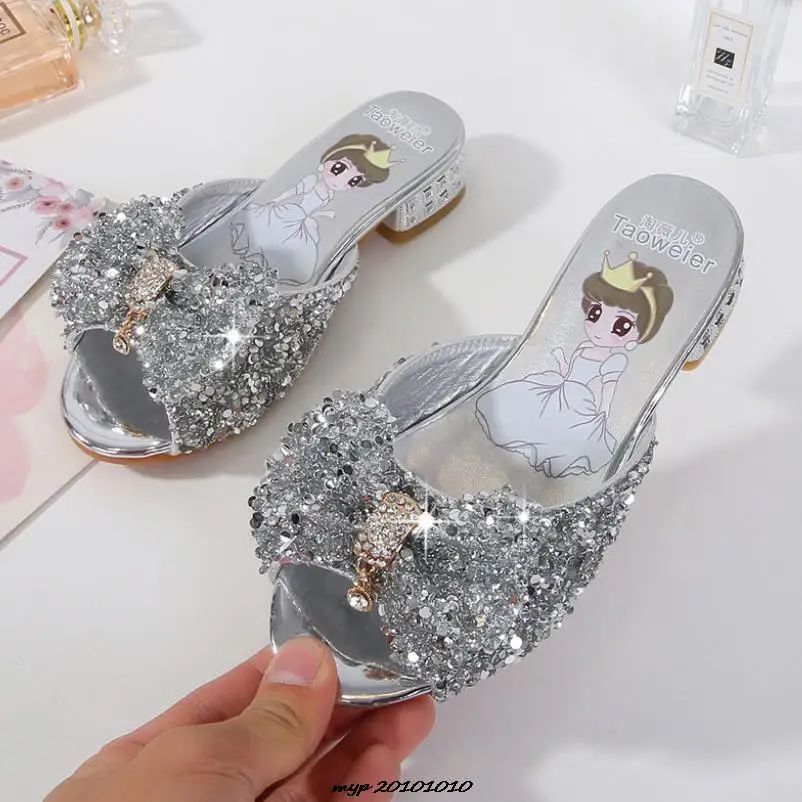 Disney Girls Sandals Cosplay Slipper Sequined Princesse Children High Heel Party Dress Shoes Leather Slipper For Kids Slides