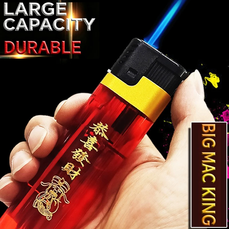Jumbo Size Windproof Gas Lighter, Refillable Butane Jet Flame Lighter, Large Capacity Red Plastic Lighter with Lucky Pattern