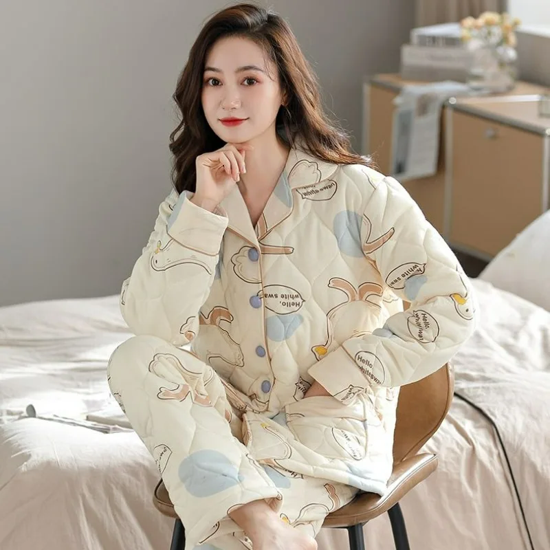 

New 100% Pure Cotton Thickened Sandwich Autumn and Winter Women High-end Fashion Home Clothing for Middle-aged and Young People