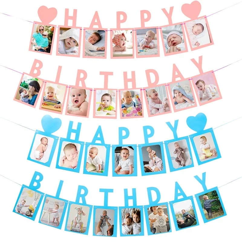 Happy Birthday Photo Frame Banner Decoração, Fontes do Partido, Bunting, Papel, Guirlanda, Bebê, Menino, Menina, Meu 1 °, Um Ano, 12 Meses