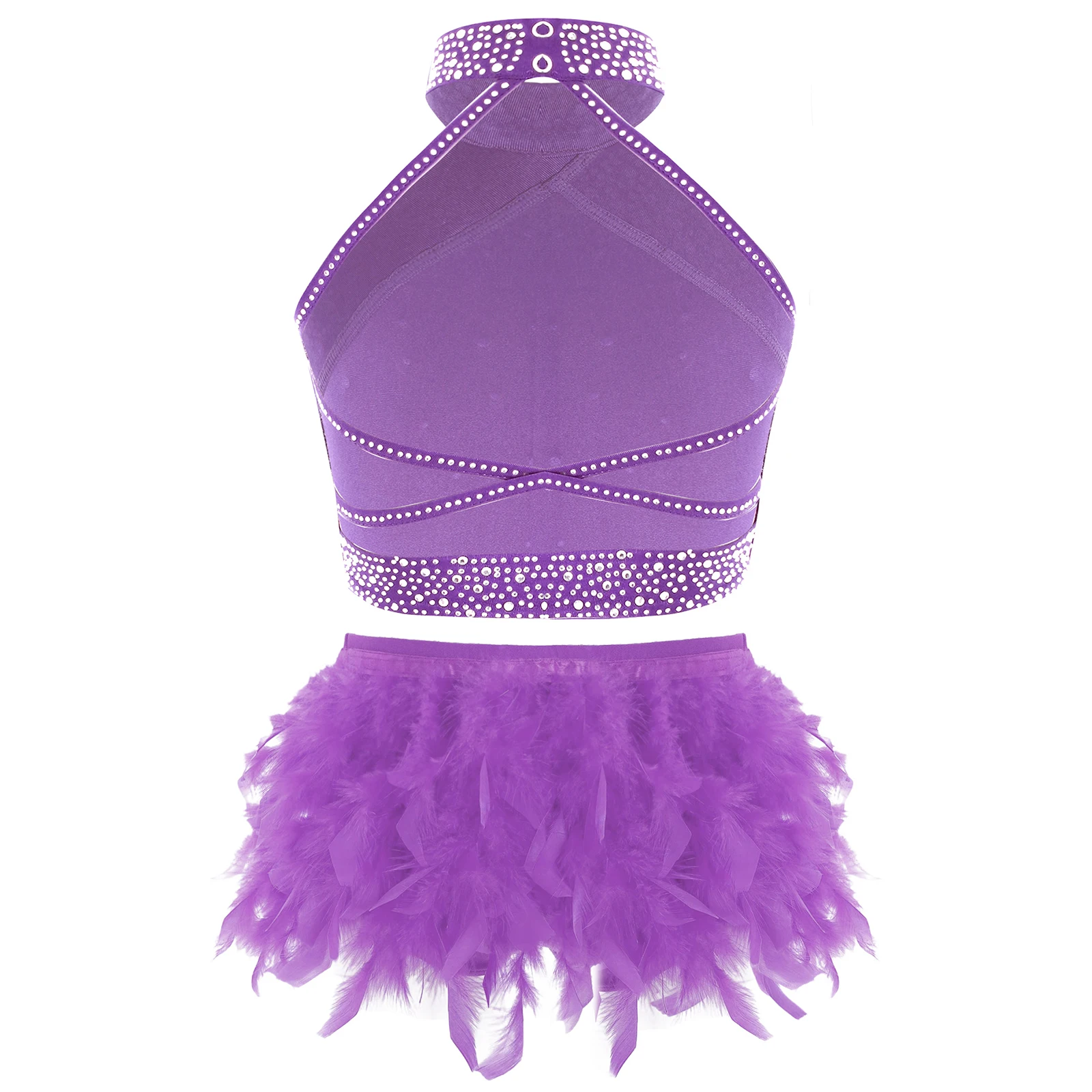 Gymnastics Girls Lyrical Dance Costume Halter Neck Sleeveless Backless Rhinestone Ballet Vest with Feather Briefs for Stage Show