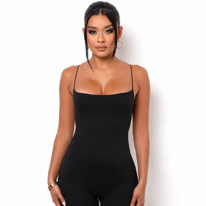 Tuta Intera da Donna in Tinta Unita con Spalline Sottili, Sexy, Estiva, in Poliestere Leggero, Lunghezza Corta, alla Moda