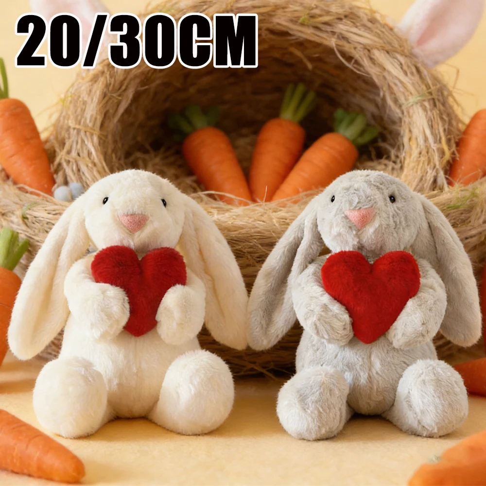 Simpatico coniglietto in peluche con orecchie floscio che tiene il cuore, animale di peluche, Pasqua, San Valentino, regalo di compleanno per bambini e donne