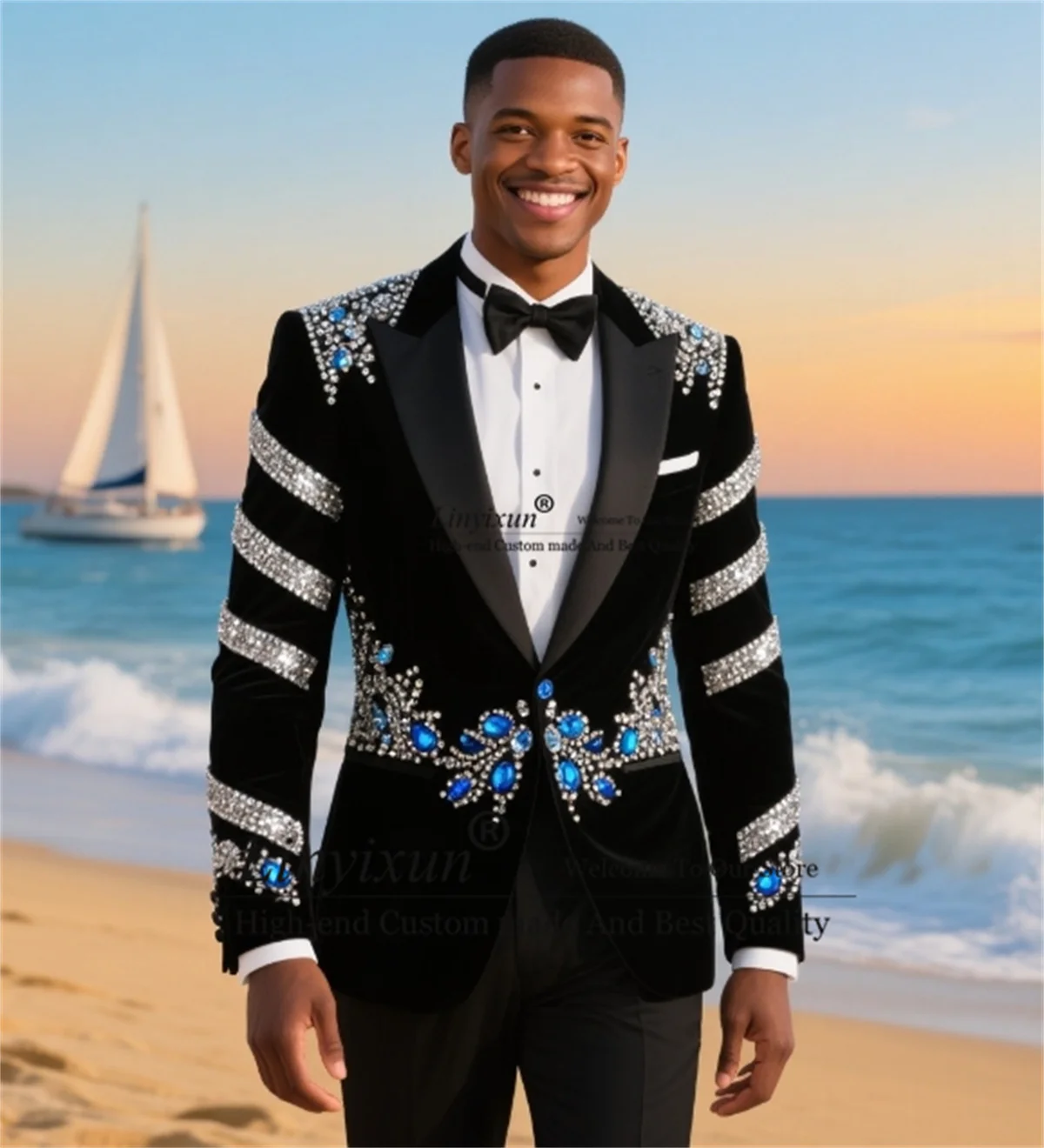 

Fashion Velvet Men Suit For Wedding High End Diamond Beaded Groom Male Blazers Customized Slim Fit Wedding Tuxedos Ropa hombre