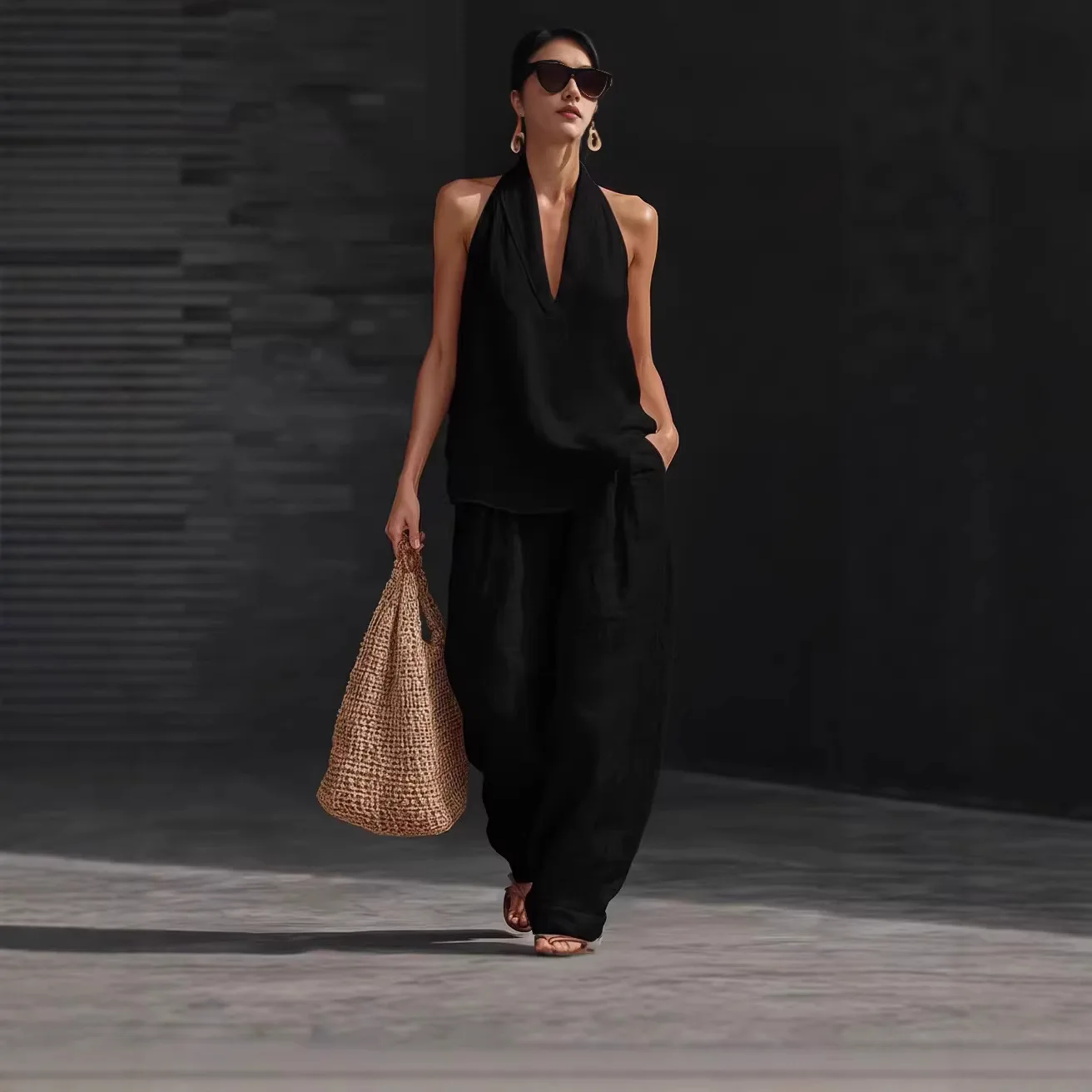 

2026 Summer Women Sleeveless Shirt Halter Vest High Waist Pocket Loose Pants Suit Women Casual Two Piece Female Loungewear Ses