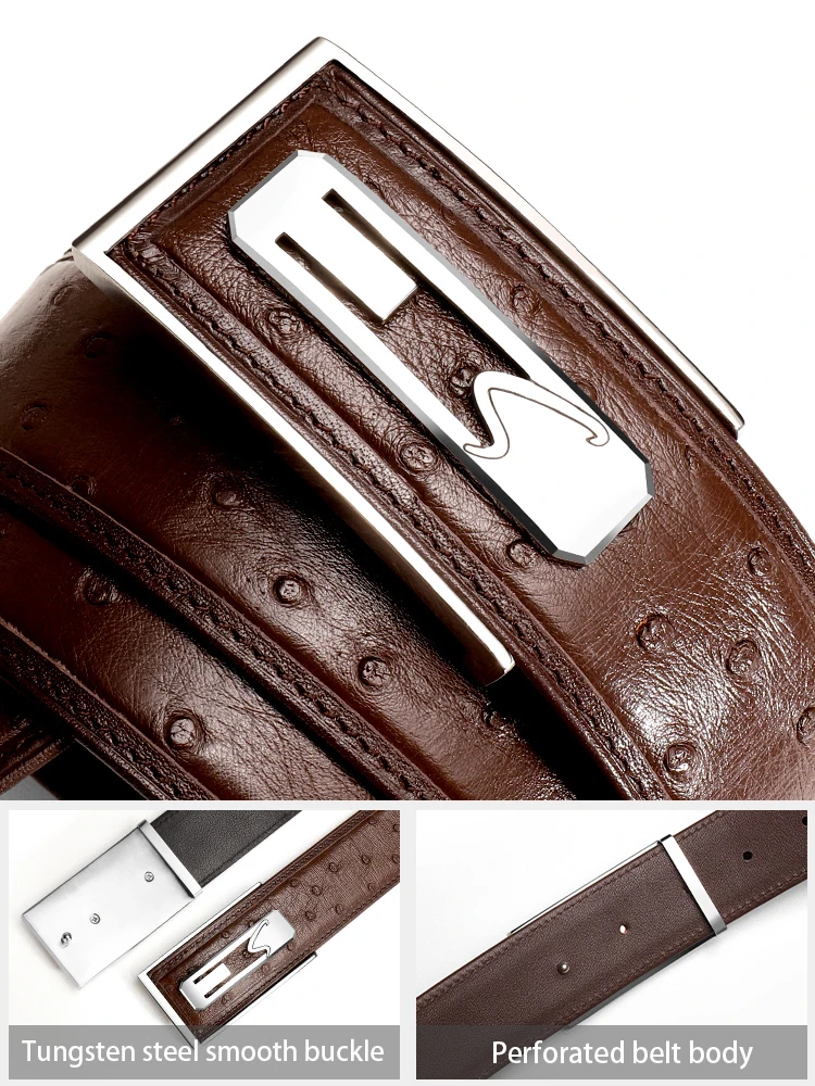 Men's belt made of tungsten steel with smooth buckle and buckle, imported ostrich leather formal dress, simple business belt