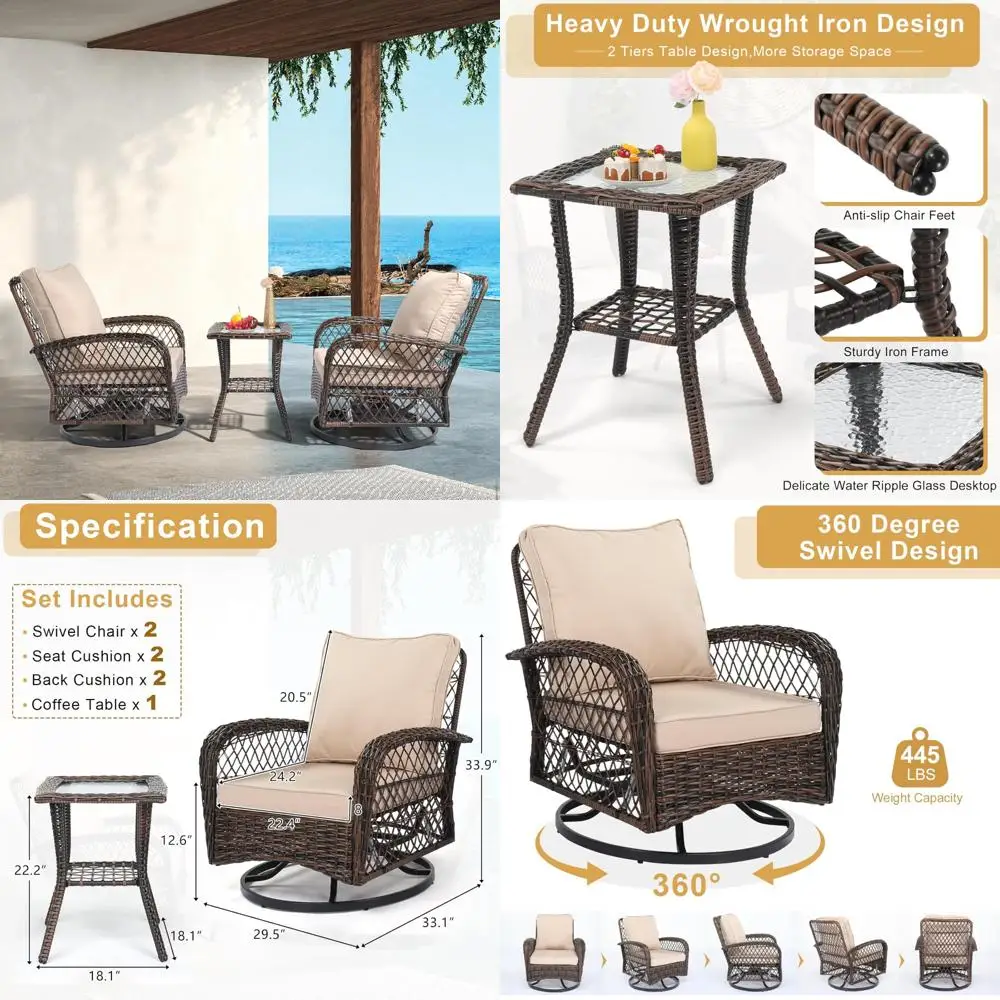 

3-Piece Outdoor Patio Furniture Set, Swivel Rocking Chairs with Wicker Bistro Table and Glass Top