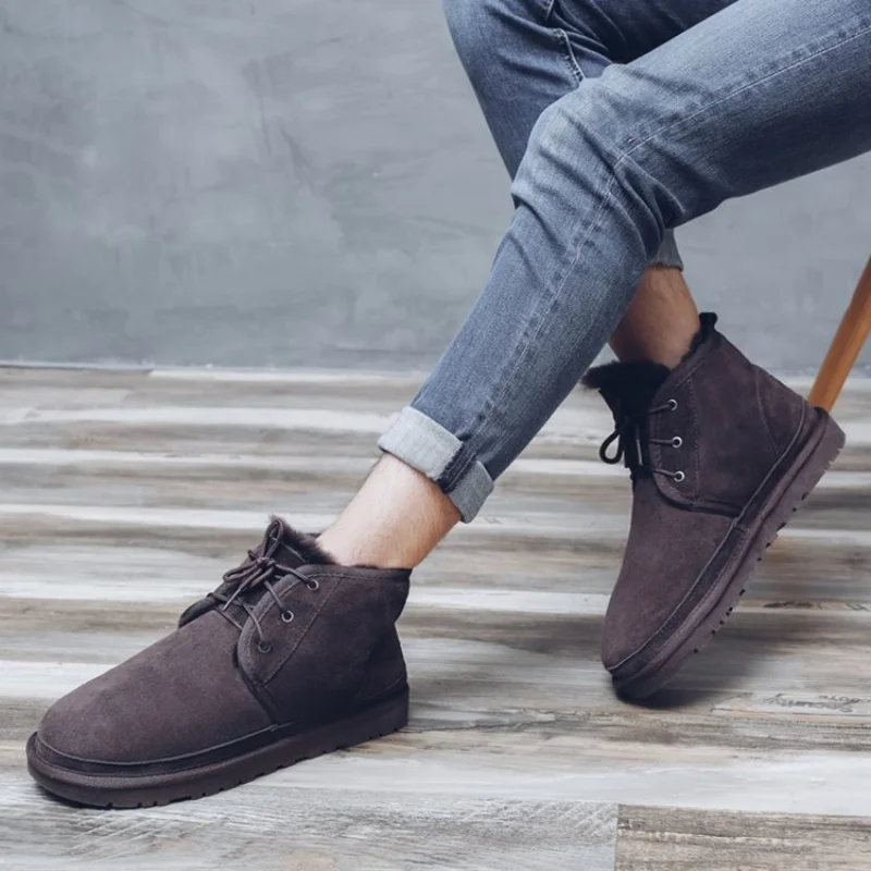 Fashion Lace up Men's Snow Boots Real Sheepskin Leather Winter Boots 100% Natural Fur Wool Ankle Boots Warm Winter Shoes view 6