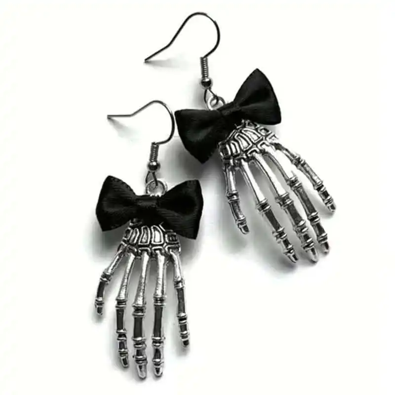 Antique Silver Plated Tone Skeleton Hand Gothic Earrings Finished with Little Black Satin Bows