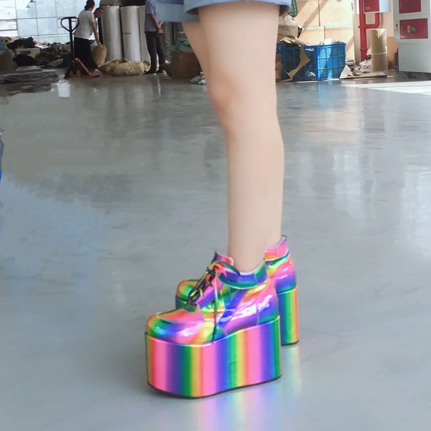 Women Laser Rainbow Colors Platform Round Toe Ankle Boots Patent Leather Super Wedge High Heel Lace Up Knight Punk Shoes Plus Sz