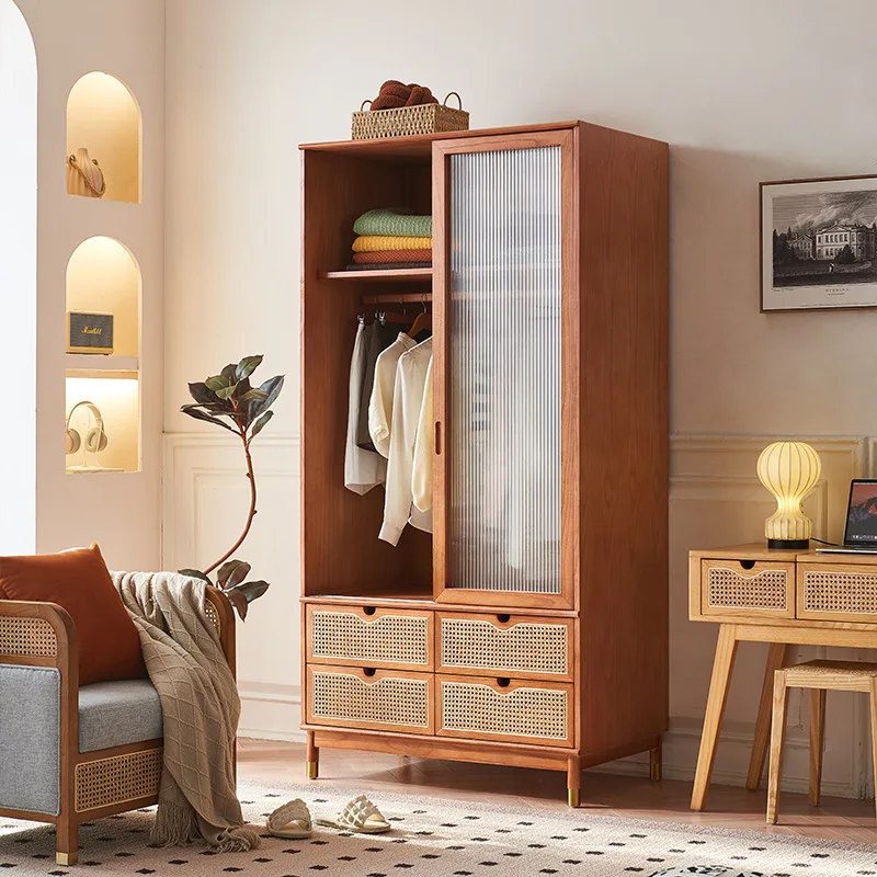 

Solid wood glass cabinet door wardrobe wabi wind bedroom household small apartment with drawers rattan wardrobe Foshan furniture