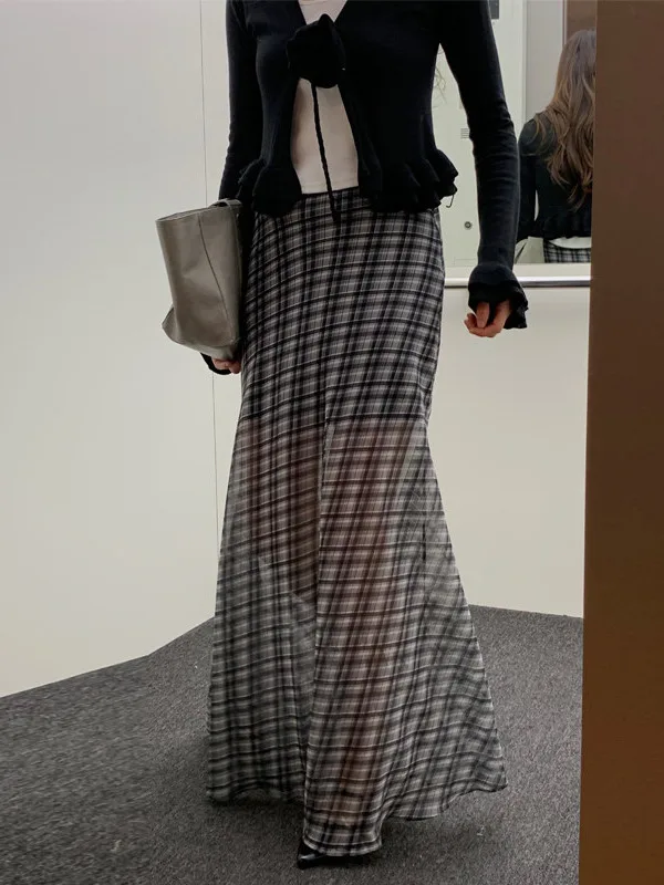 Fashionable Plaid Long Chiffon Halter Neck Skirt Women's Spring Autumn Winter Casual Wear School Street Style Travel Date