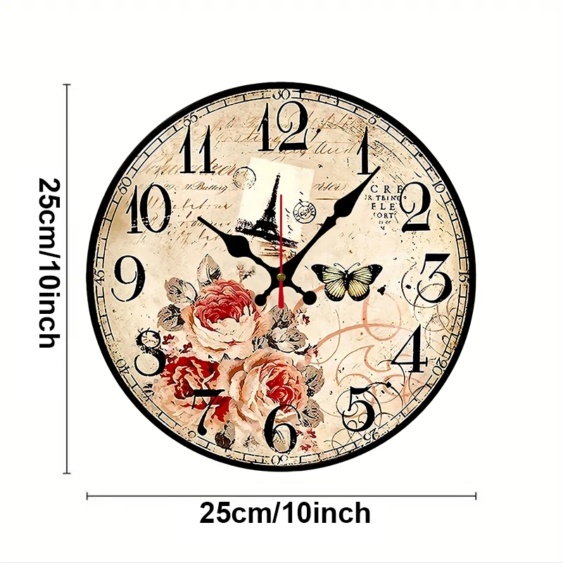 Retro Rose Butterfly Wooden Round Silent Hanging Wall Clock,Suitable For Living Room,Office,Study Room, Bedroom, Home Decoration