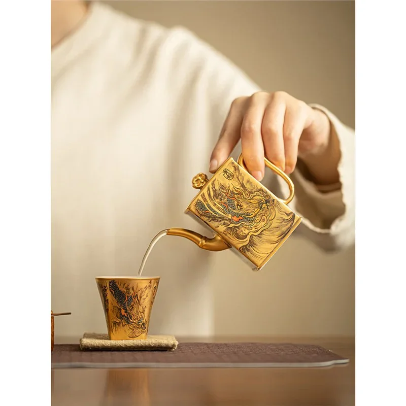 Gold Color Gift Gilt Four Divine Beasts Teapot Retro Chinese Style Household Teapot Kung Fu Tea Set High-end Tea Maker Gift Box