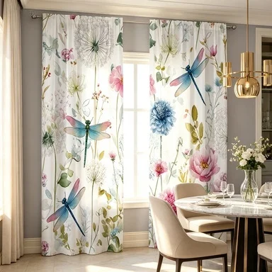 2PCS Digital Printed Sheer Curtain, Dragonfly Flower Bush, Whimsical Garden Nature Insect for Living Room Bedroom Home Decor