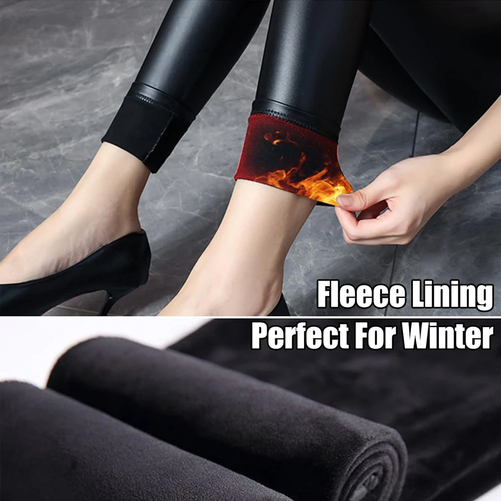 Women PU Leather Leggings Black Pockets Leather Pencil Pants Women High Waist Sexy Skinny Yoga Pant Thin Fleece Leather Trousers