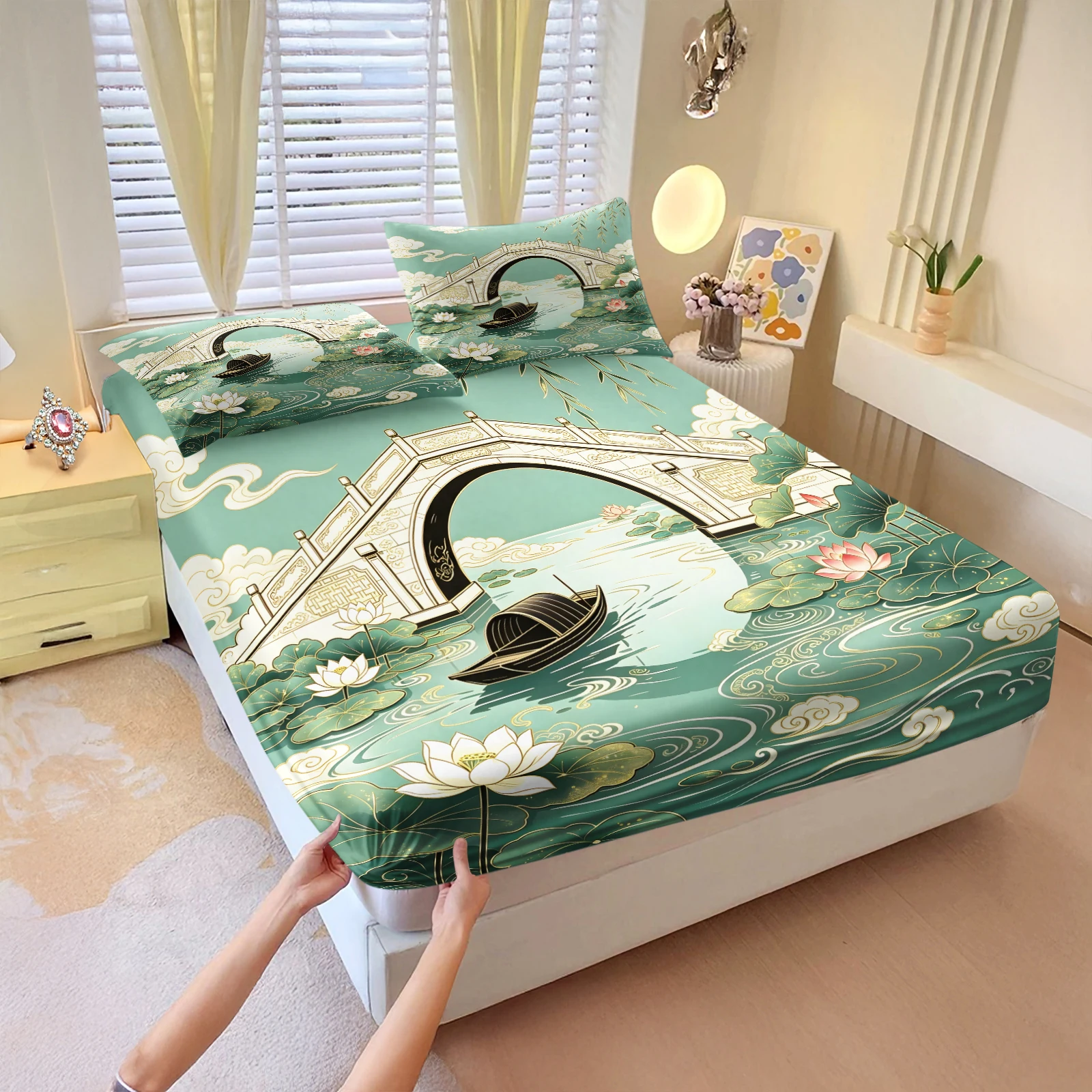 Chinese Style Landscape Fitted Sheet Set Elastic Deep‑Pocket Bed Sheet with Pillowcases Soft Breathable Mattress Cover Oriental