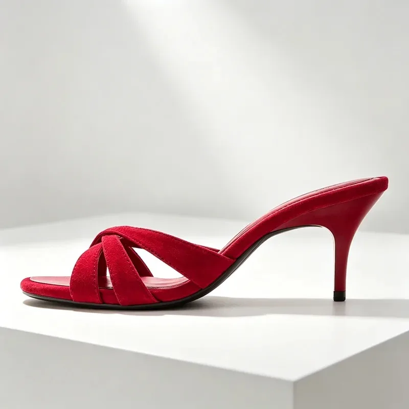 Fashion Satin Cross Tied Design Mules Slippers for Ladies Summer Sexy Open Toe Square Toe High Heels Elegant Party Dress Shoes