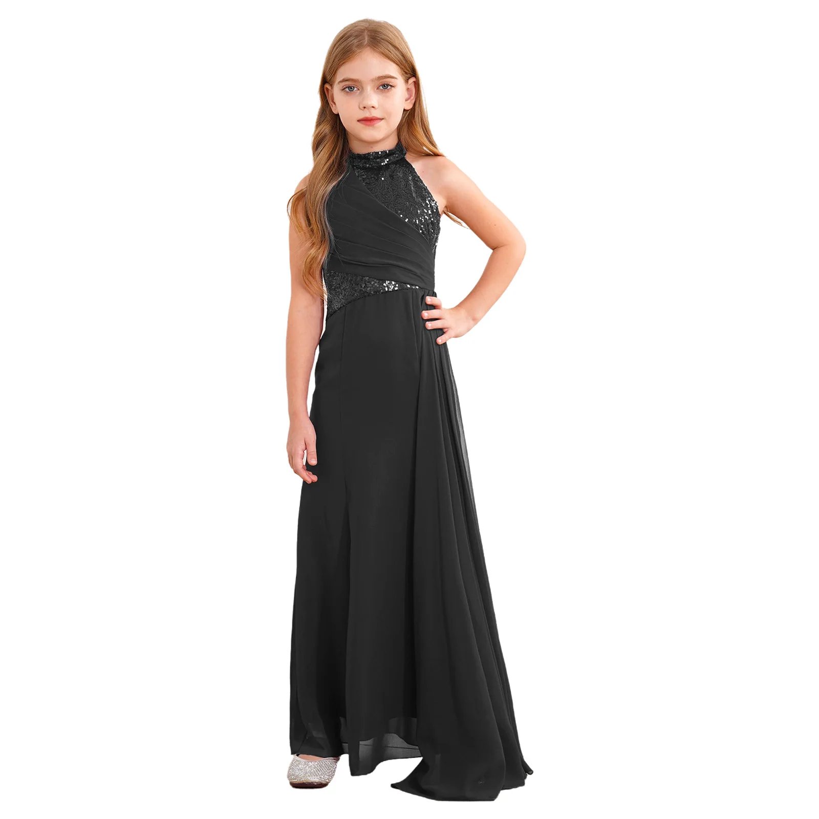 15 Girls Shiny Sequined Party Gown Halter Sleeveless Maxi Dress Banquets Filles Robes Stage Lyrical Ballroom Dancing Costume