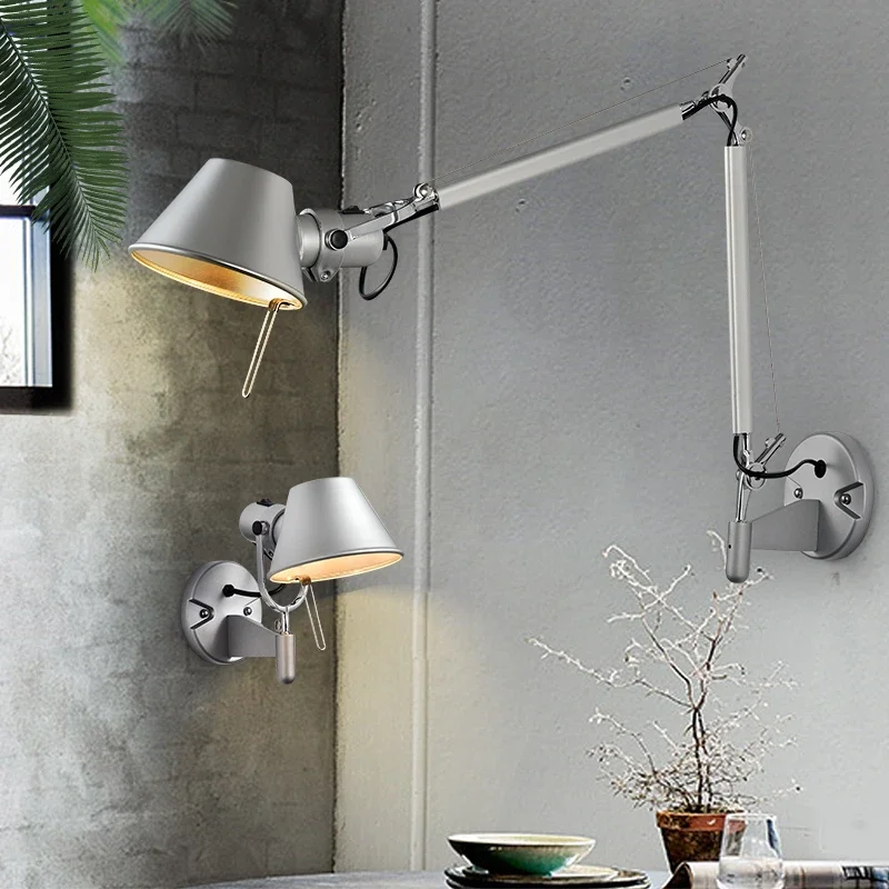 

American Industrial Wall Light Black Silver E27 Rotatable Long Arm Wall Lamp with Switch for Bedside Study Office Living Room