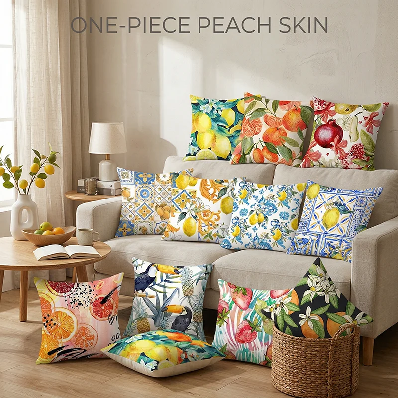 

One-Piece Peach Skin Cushion Cover Tropical Fruit Lemon Floral Throw Pillowcase Sofa Couch Living Room Summer Home Decor