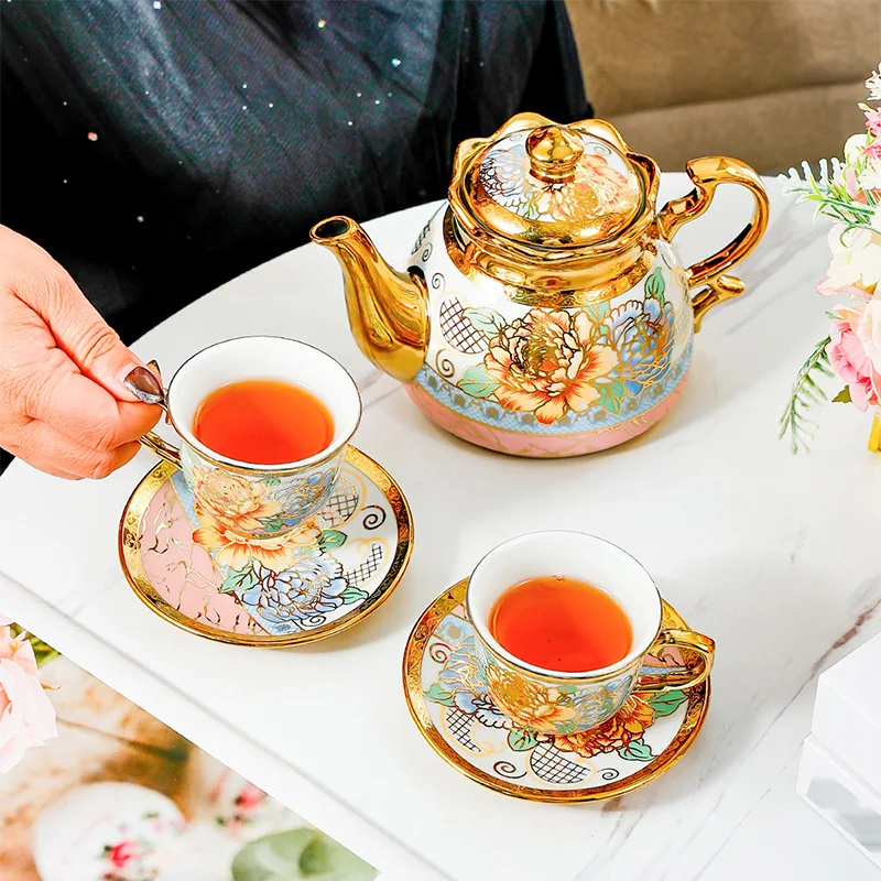 14 Piece Set Household European Tea Set Ceramic Coffee Cup Set Flower Tea English Afternoon Tea Floral Coffee Pot Cup and Saucer