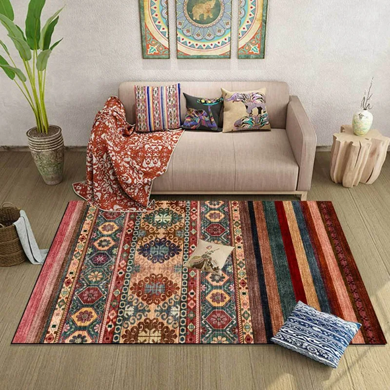 New American Ethnic Style Color Dark Red Geometric Stripes Living Room Bedroom Bedside Carpet Floor Mat  Alfombra