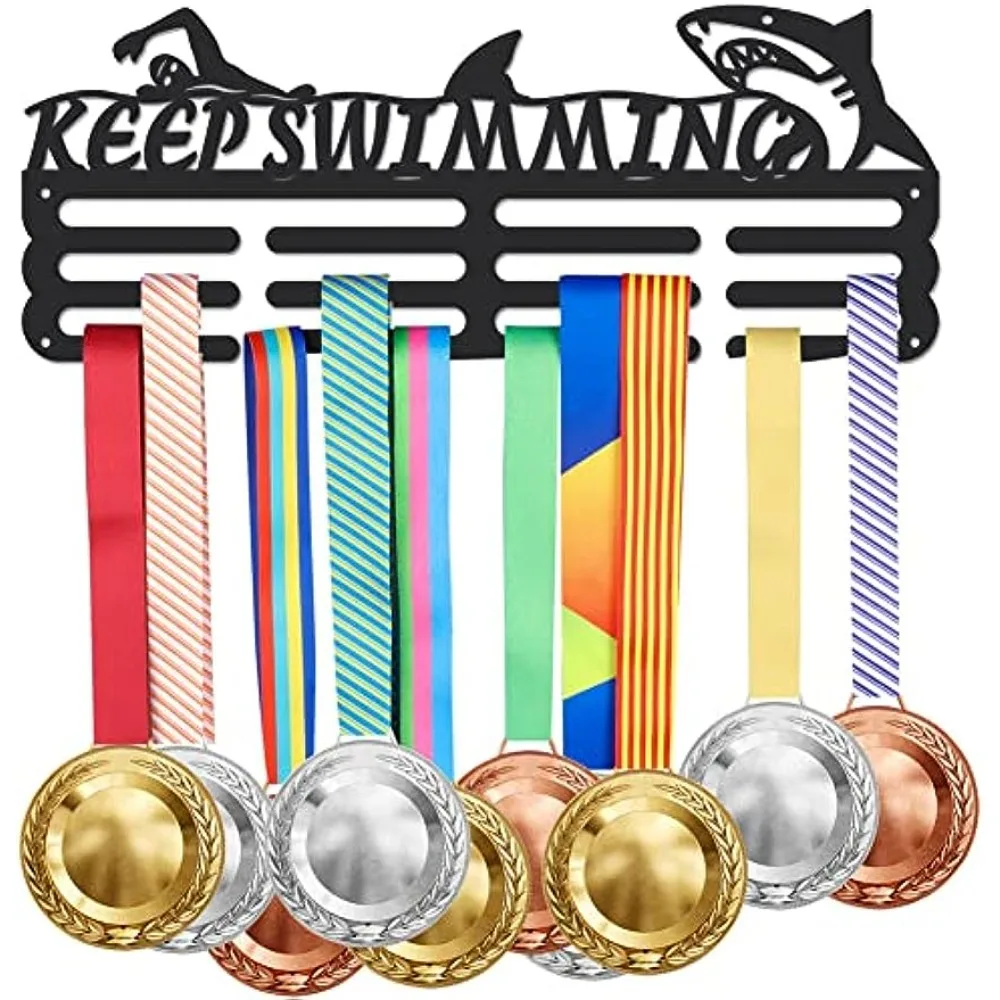 

Keep Swimming Medal Hanger Display Rack Shakes Funny Medal Holder Iron Hook Frame Ribbon Wall Mounted Award Holder for 60+ Swim