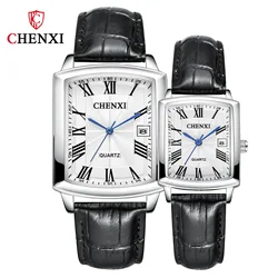 CHENXI 079A Couple Watch Fashion Simple Analog Display Leather Strap Square Quartz Wrist Watches for Men and Women Clock Gift