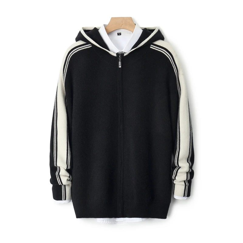 

Fashion Men 100% Merino Wool Hooded Cardigan Autumn Winter Thick Warm Cashmere Sweater Casual Zipper Hoodie Youth Soft Coat Top