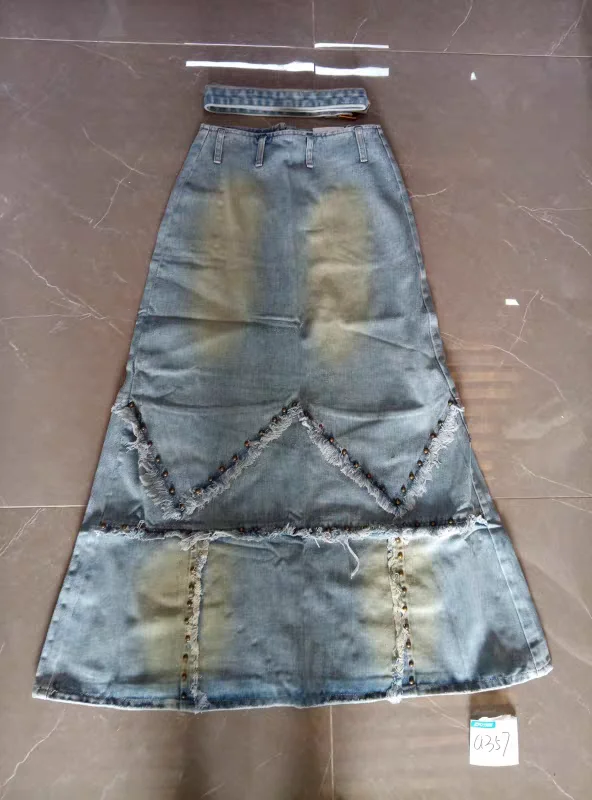 Heavy Industry Nail Bead Washed Rough Edge Denim Skirt for Women's Autumn New Style High Waist Medium To Long A-line Skirt