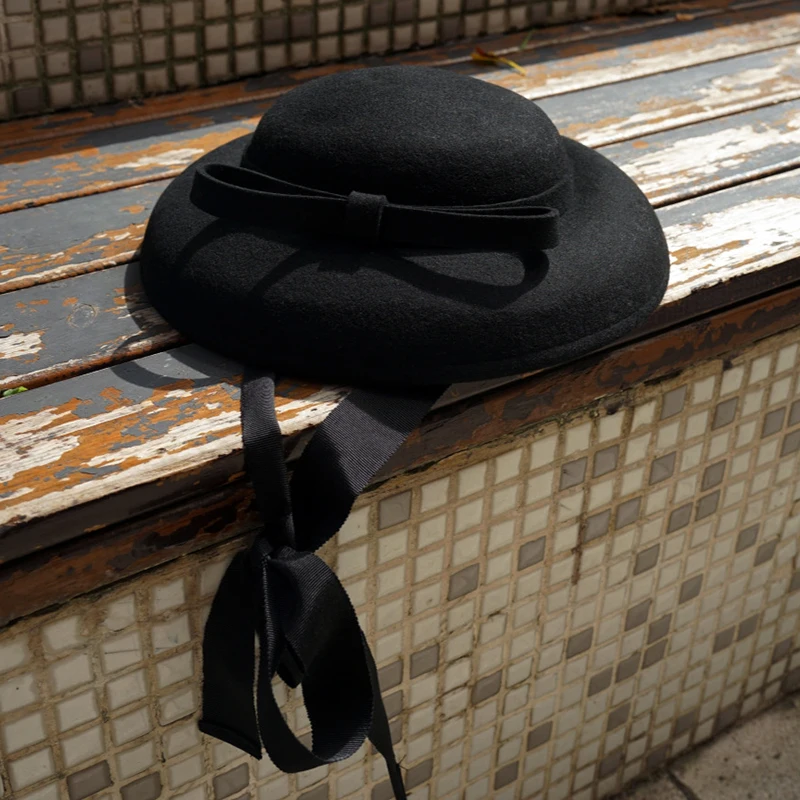 French Style Small Top Felt Hat Ribbon Band Black Fedora Hat for Women Bow Fascinator Tea Party Wedding CockTail Headpiece