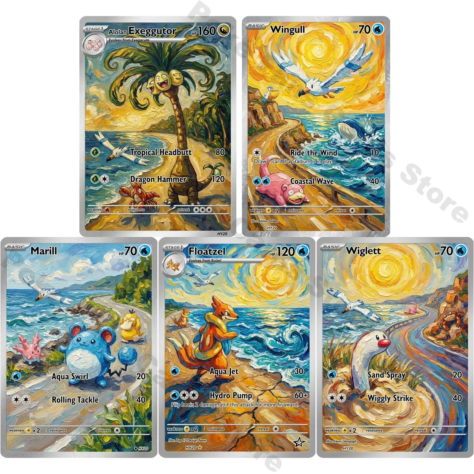 Pokemon Cards PTCG Oil Painting Style Custom Alolan Exeggutor Wingull Marill Buizel Wiglett Collection Cards Set Pokemon Gift
