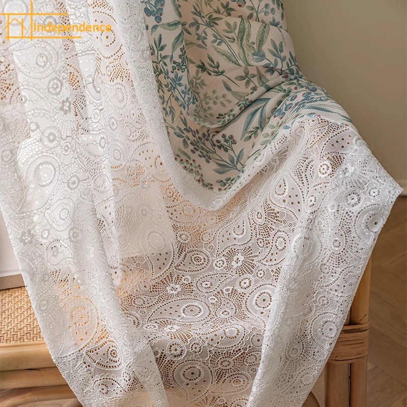 

New Rural American Green Linen Cotton Linen Printing Lace Splicing Curtains for Bedroom Living Room French Window Customized