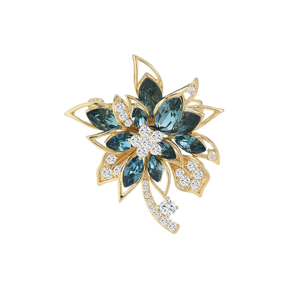 Luxury Blue Crystal Flower Brooch Pins for Woman Trend Gift Temperament Zircon Floral Brooches Women's Jewelry Accessories