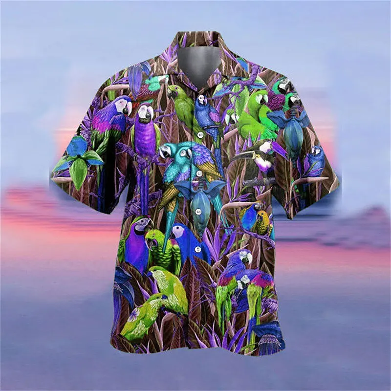 Summer Hawaiian Shirt Men\'s Shirt Aloha Shirt Parrot Lapel Short Sleeve Lining Outdoor Street Short Sleeve Button Clothing