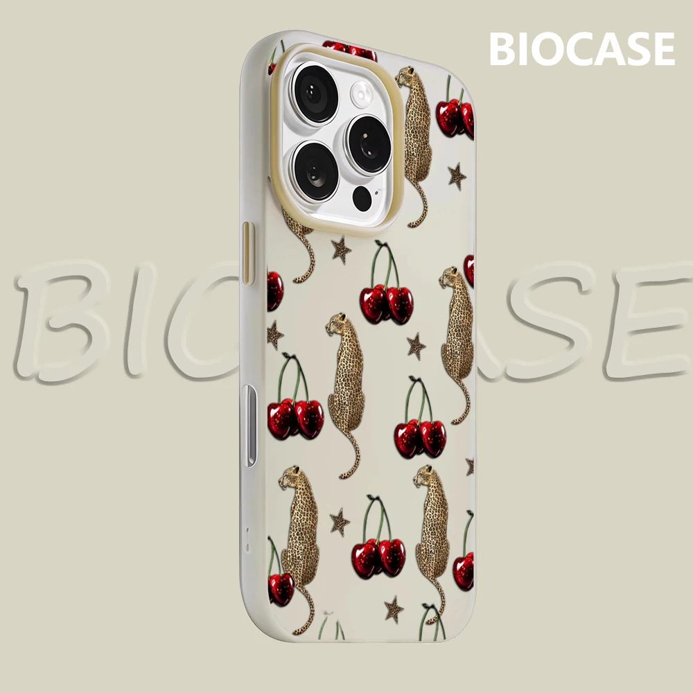Leoparden und Kirschen Schickes Muster IPhone 17 Must-Haves Handyhülle für IPhone 16 Pro Max 15 14 13 12 Plus Doppelschichtige Candy Cover