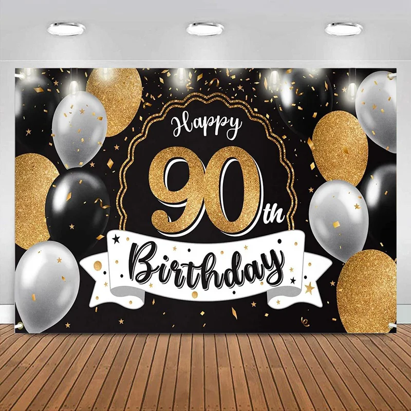 

Happy 90th Birthday Black & Gold balloon Photo Banner women men Photoprop Backdrop Party Decoration Photography Background