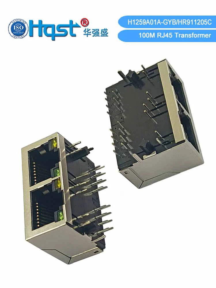 H1259A01A‑GYB Dual Port RJ45 Connector 100Mbps With Integrated Network Transformer MagJack Shielded Jack Green Yellow LED RoHS P